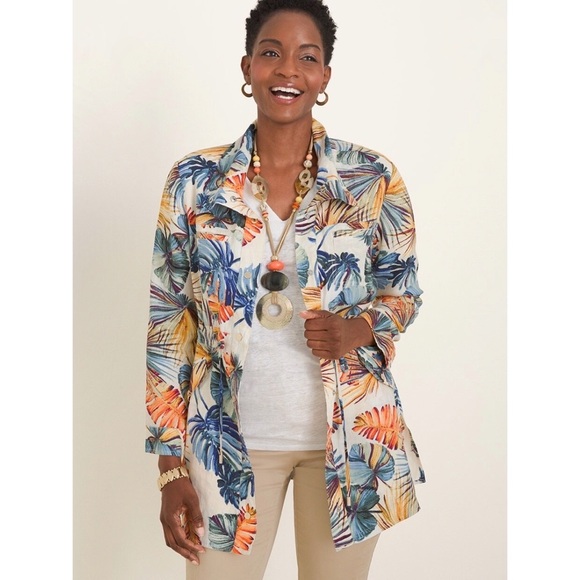 Chico’s Tropical Palm Print Linen Utility Top Womans 1P Medium 8P Tan 3/4 Sleeve - Picture 1 of 15